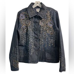 Chico’s Size‎ 1 Medium / 8 Jacket Womens Blue Denim Embroidered Long Sleeve